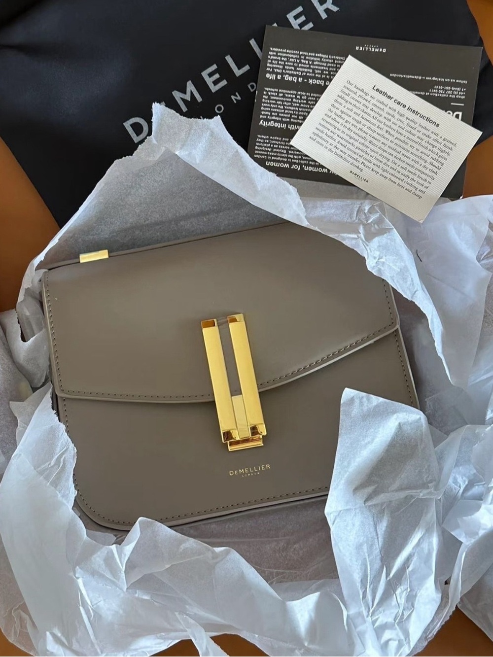 DeMellier Taupe Crossbody Bag with Gold Hardware